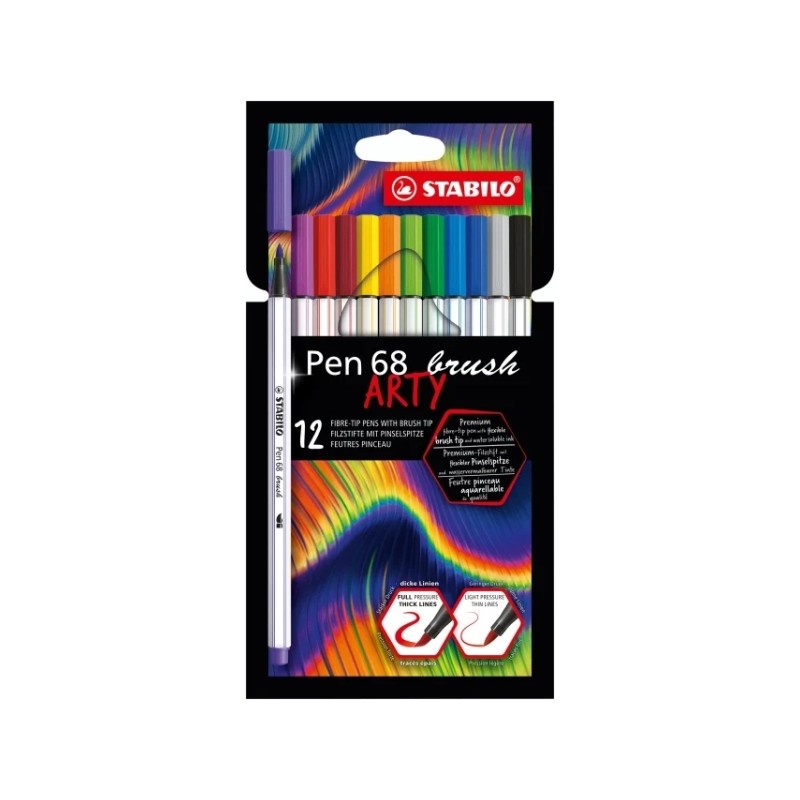 Stabilo Pen 68 Brush Arty Confezione da 12 pennarelli - Punta a pennello - Inchiostro a base d'acqua - Colori assortiti