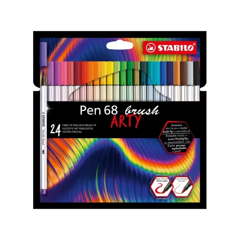 Stabilo Pen 68 Brush Arty Confezione da 24 pennarelli - Punta a pennello - Inchiostro a base d'acqua - Colori assortiti