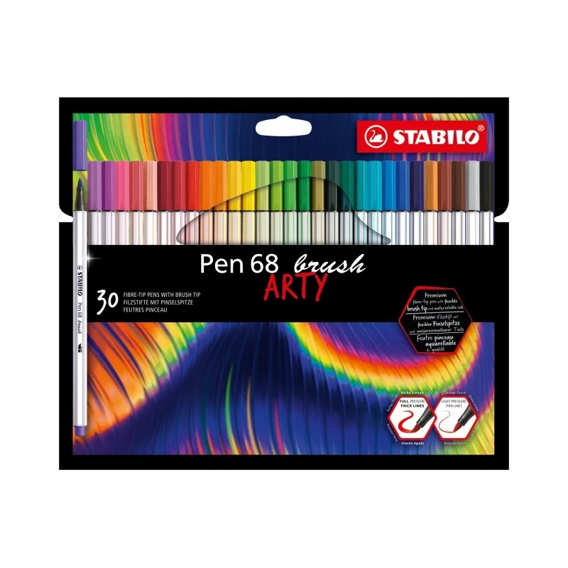 Stabilo Pen 68 Brush Arty Confezione da 30 pennarelli - Punta a pennello - Inchiostro a base d'acqua - Colori assortiti
