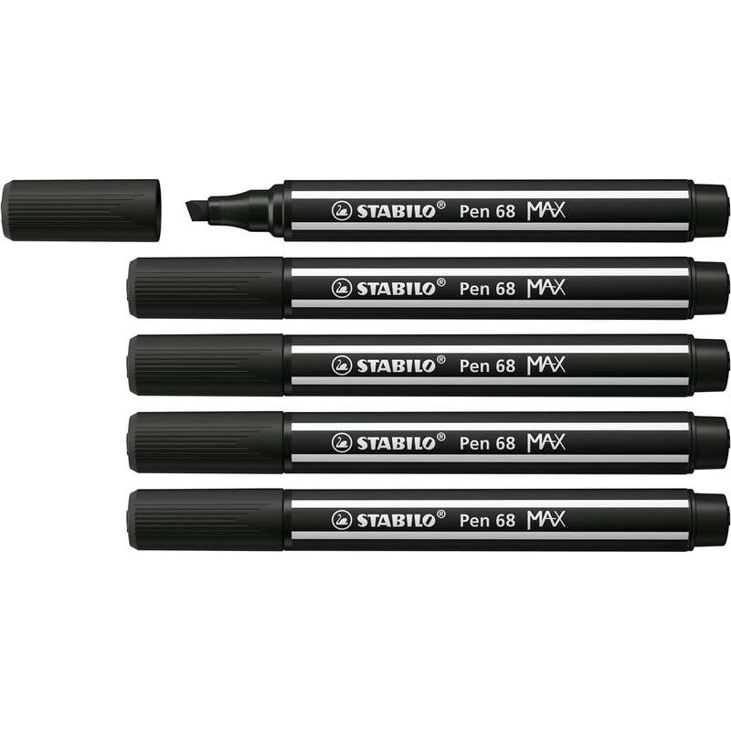 Pennarello Stabilo Pen 68 MAX - Punta in fibra smussata - Tratto tra 1 e 5 mm circa. - Inchiostro a base d'acqua - Colore nero