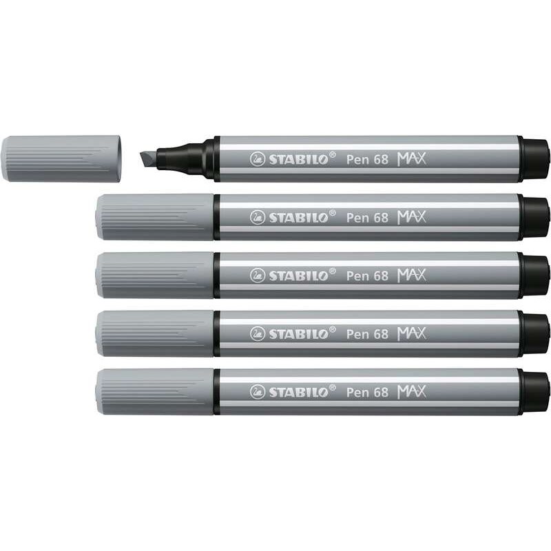 Pennarello Stabilo Pen 68 MAX - Punta in fibra smussata - Tratto tra 1 e 5 mm circa. - Inchiostro a base d'acqua - Colore grigio