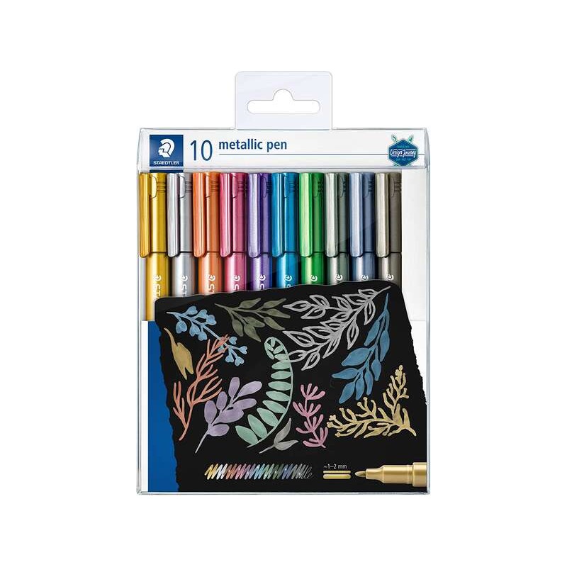 Staedtler Metallic Pen Confezione da 10 pennarelli a punta fine - Inchiostro a base d'acqua - Tratto 1 - 2 mm circa - Colori ass