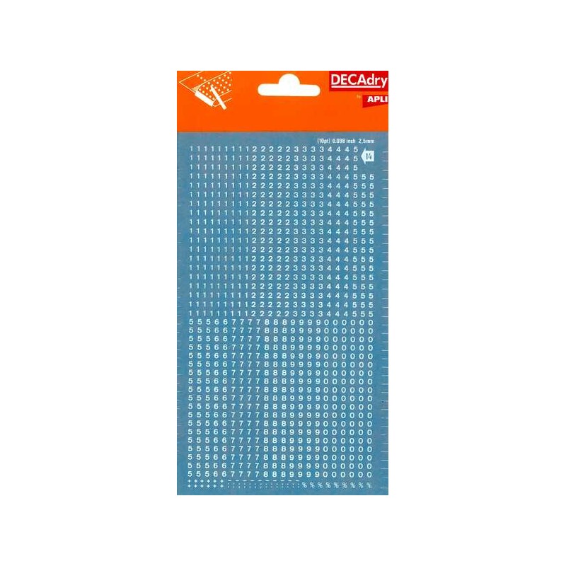 Numeri trasferibili Apli - 2.5 mm - Applicazione facile - Resistente all'acqua - Bianco - 952 caratteri