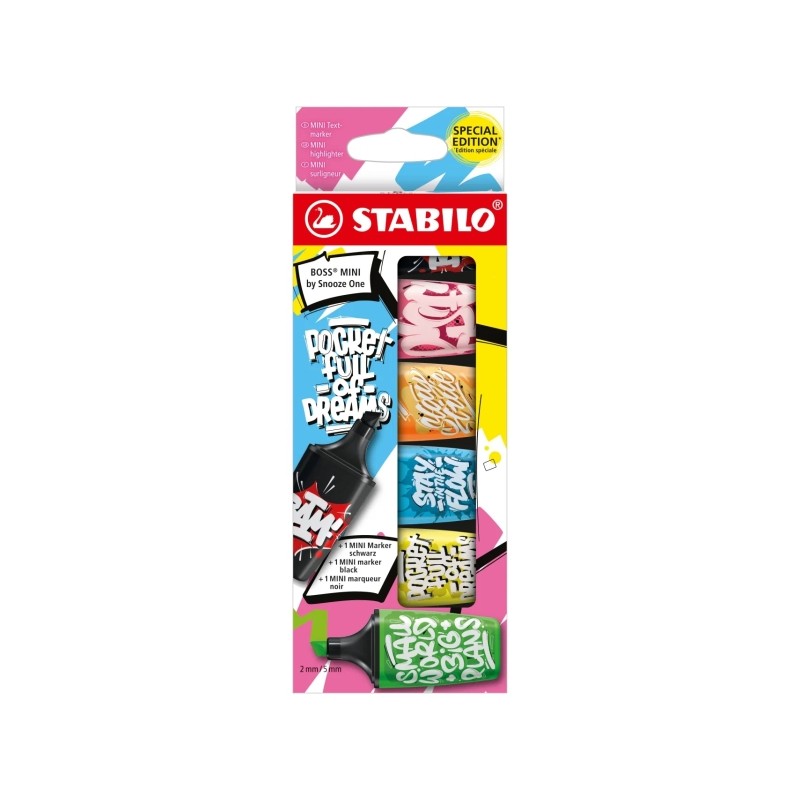 Stabilo Boss Mini by Snooze Confezione da 6 mini pennarelli fluorescenti - linea da 2 a 5 mm - inchiostro a base d'acqua