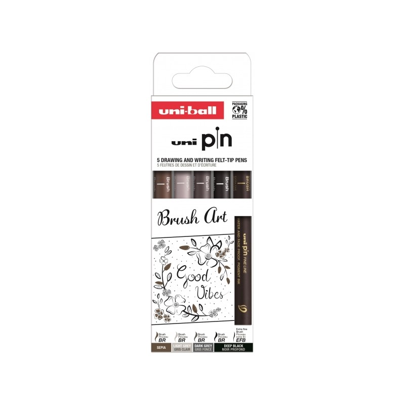 Uni-ball Uni Pin Brush Art Confezione da 5 pennelli calibrati e pennelli extra fini - Punta in poliacetale - Inchiostro 