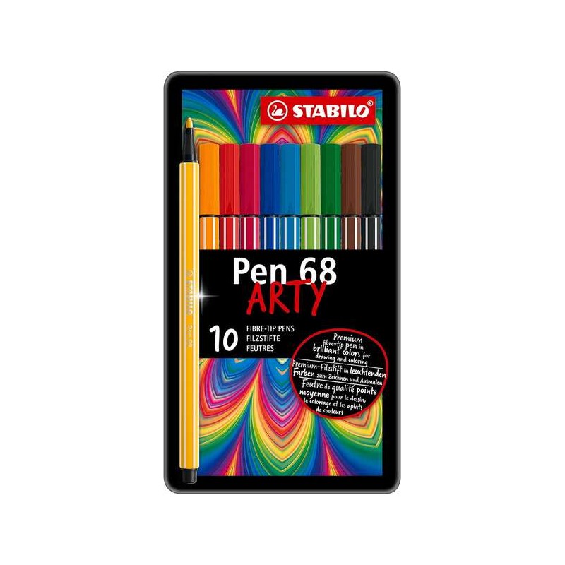 Stabilo Pen 68 Arty Metal Confezione da 10 penne - Punta in fibra - Tratto di circa 1 mm - Inchiostro a base d'acqua - C