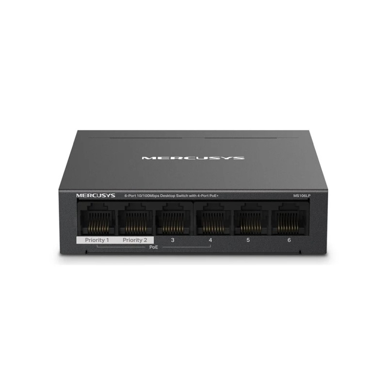 Switch Mercusys 6 porte RJ45 10/100Mbps - 4 porte PoE - Lunga portata fino a 250m in modalità estesa - Involucro in met