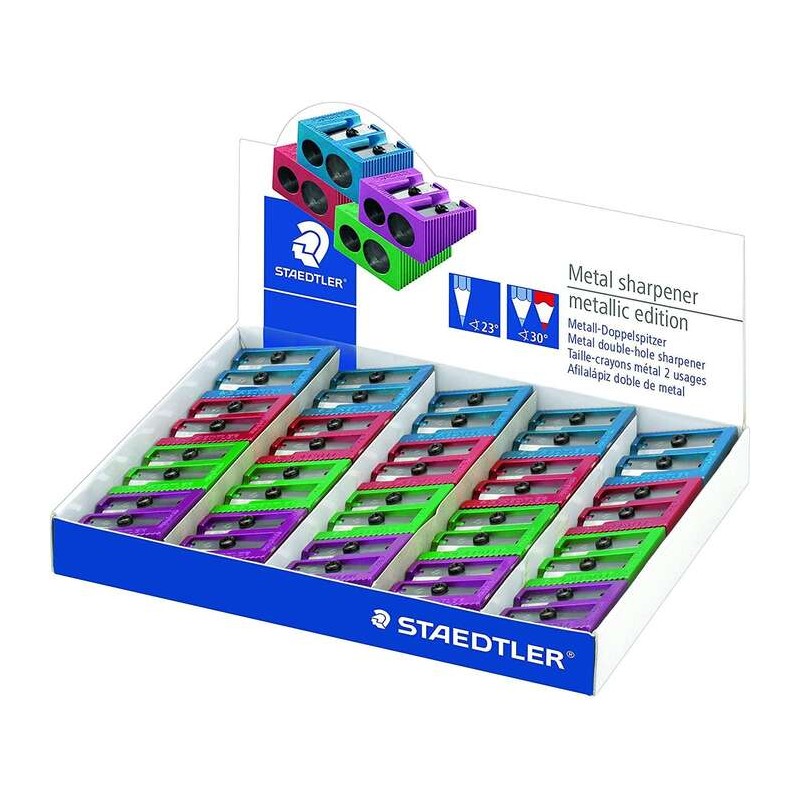 Espositore Staedtler da 20 affilatori per metallo con lama in metallo - Angolo di affilatura 23° e 30° - 2 fori - Colo