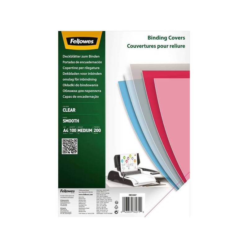 Fellowes Confezione da 100 copertine per documenti A4 in polietilene trasparente - spessore 200 micron - per raccoglitor