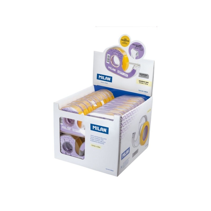 Espositore Milano da 36 nastri adesivi trasparenti con dispenser - Dimensioni 12mm x 33m - Colore giallo trasparente