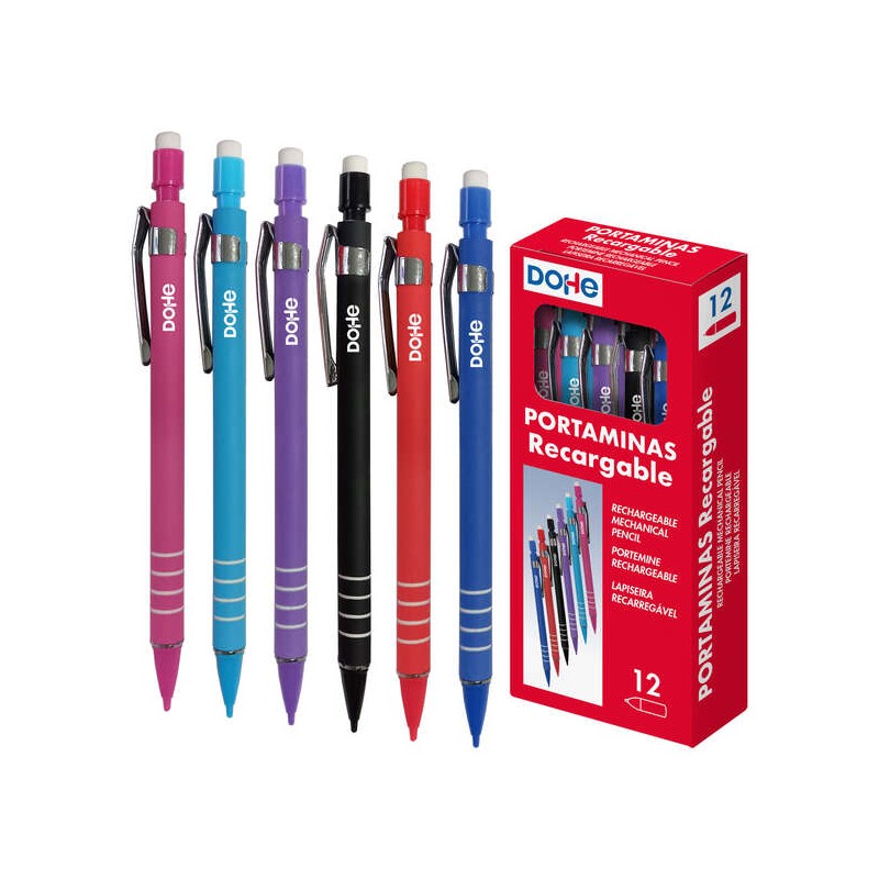 Matita meccanica ricaricabile Dohe con fusto in plastica - zona di presa scanalata - clip in metallo - pulsante con gomm