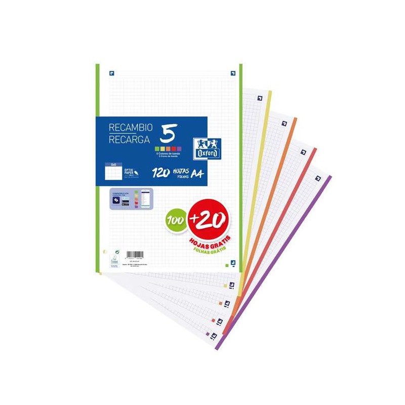Oxford 5 ricariche da 120 fogli formato A4 grigliati 5x5 mm a 4 fori - Banda di 5 colori vivaci