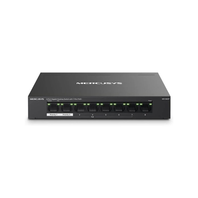 Switch Mercusys 8 porte Gigabit RJ45 10/100/1000Mbps - 7 porte PoE - Design compatto - Plug e Play - Involucro metallico