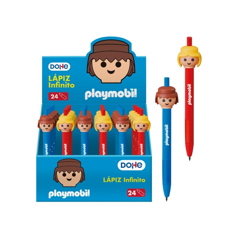 Dohe Playmobil Display di 24 matite Infinity - Impugnatura in gomma - Facilmente cancellabili - Decorate con motivi di b