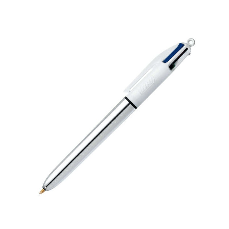 Bic 4 Colours Shine Penna a sfera retrattile - Pennino 1 mm - Tratto 0.4 mm - Inchiostro a base d'olio - Corpo argento/b
