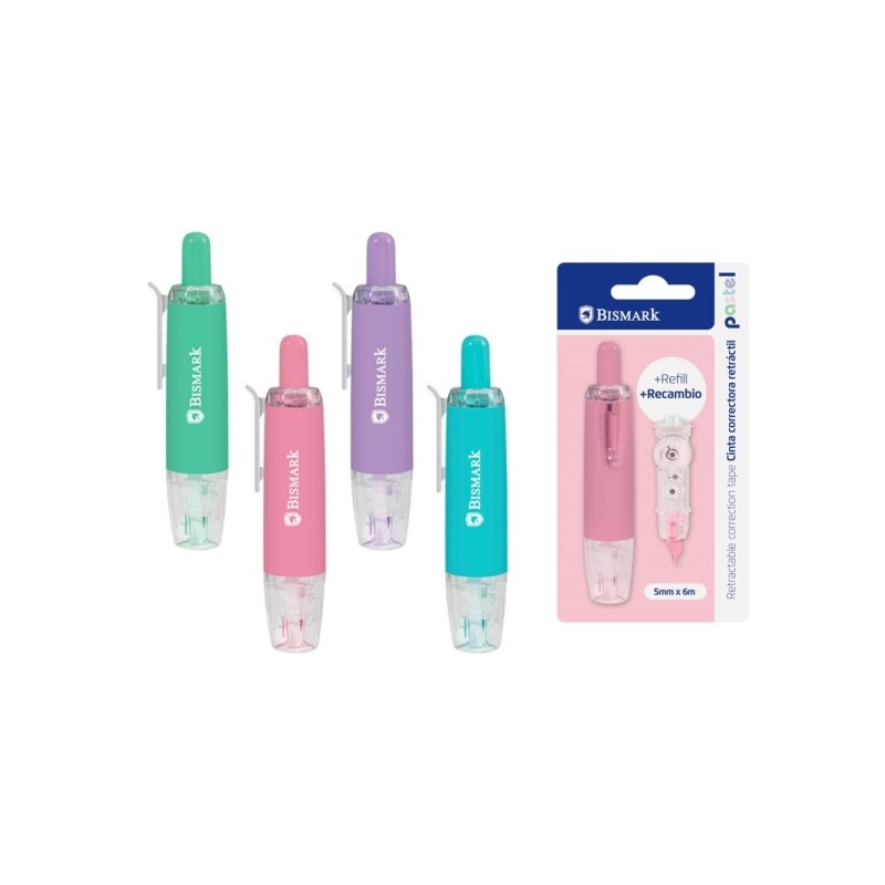 Nastro correttivo Bismark Pastel Retractril 5mmx6m + ricarica - Perfetta adesione alla carta - Confezionato in blister -