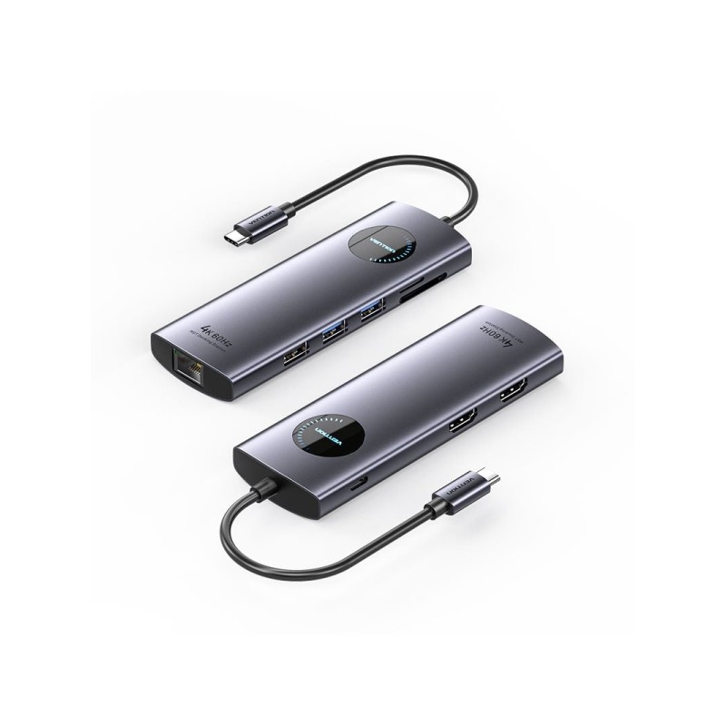 Vention Docking Station 9 in 1 da USB-C a 2xHDMI/2xUSB3.0/USB 2.0/RJ45/SD/TF/PD 100W - 0.15 m - Colore grigio