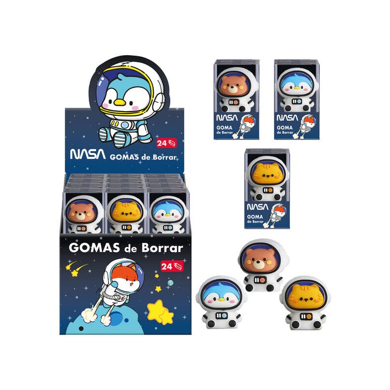 Espositore di 24 gomme da cancellare - In PVC - A forma di astronauti-animali