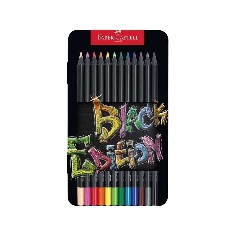 Scatola di 12 matite colorate Faber-Castell Black Edition Metal - mina super morbida - legno nero - ideale per disegnare