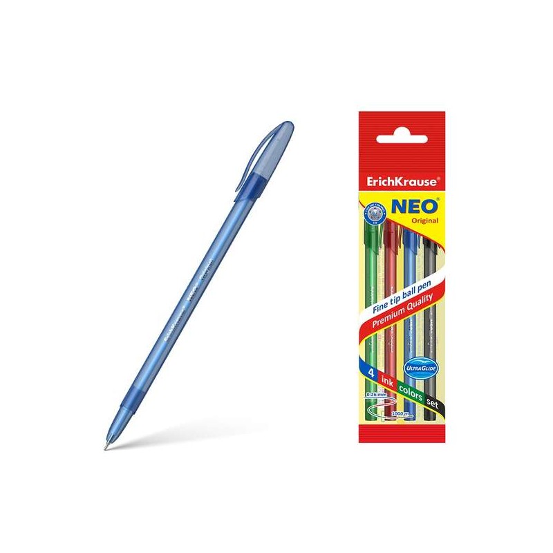 Erichkrause Neo Original 4-Pack - Punta fine sofisticata - Corpo rotondo traslucido opaco - Colori dell'inchiostro blu. 
