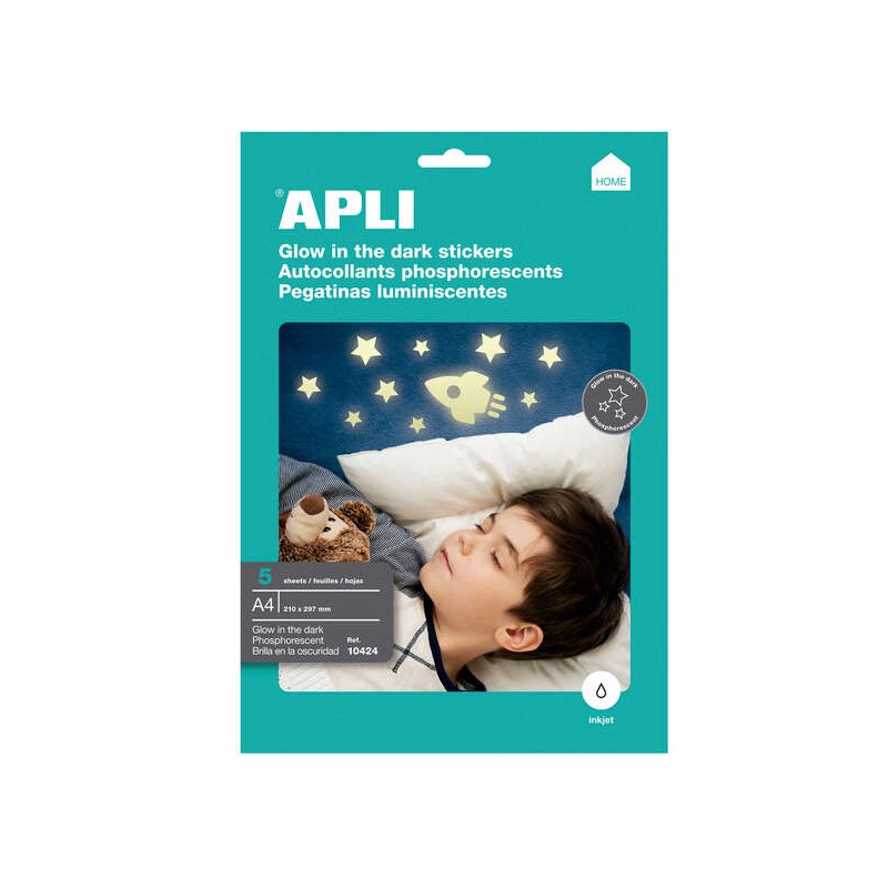 Apli Confezione da 5 etichette fosforescenti 210x297 mm A4 - 5 fogli per 1 etichetta - Permette di ritagliarle e di crea