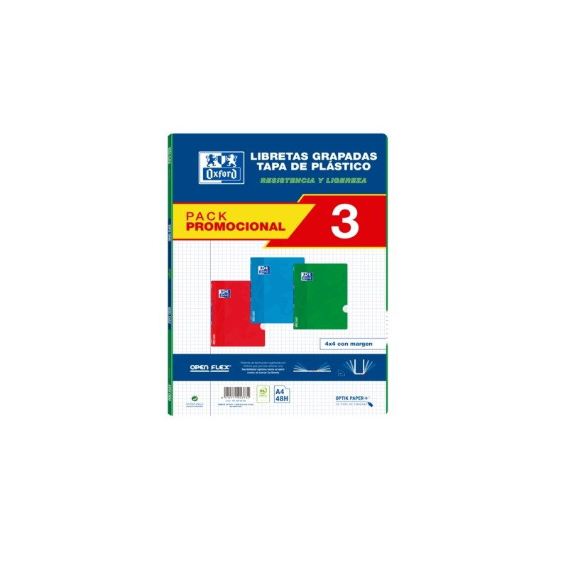 Oxford School Classic Pack 3 - Quaderno Openflex con punti metallici - Copertina in plastica A4 - 4x4 con margine - 48 f