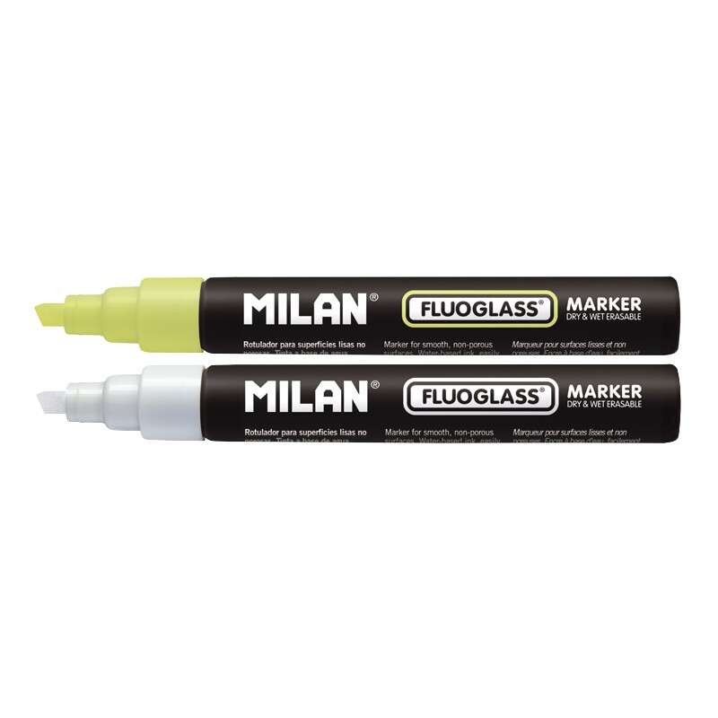Milan Fluoglass Confezione da 2 pennarelli per superfici lisce - Punta smussata - Linea da 2 a 4 mm - Inchiostro a base 