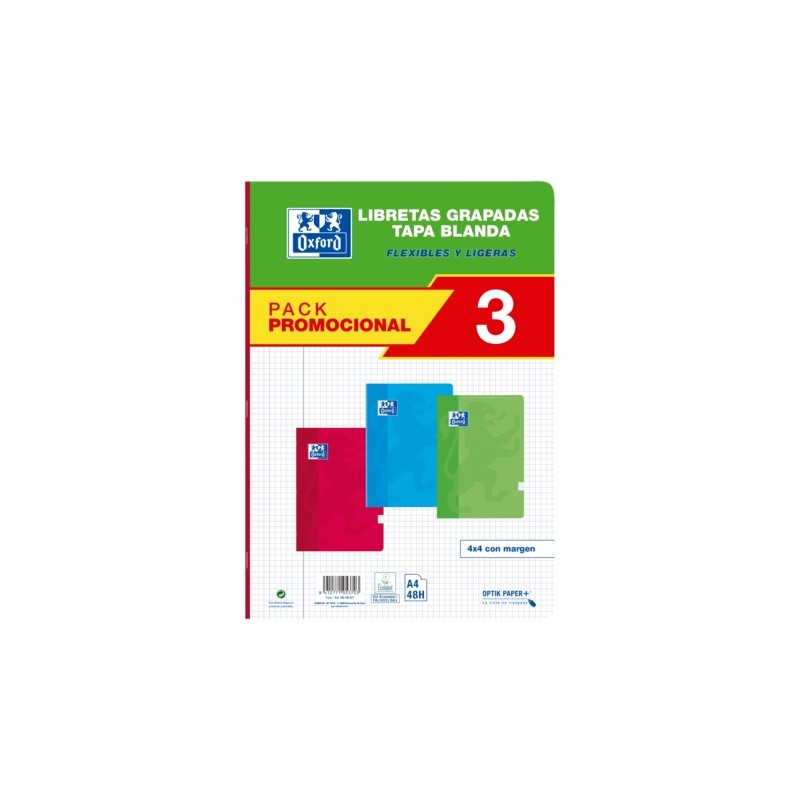 Oxford School Classic Confezione 3 - Quaderno pinzato A4 - Copertina morbida - 4x4 con margine - 48 fogli - 3 colori