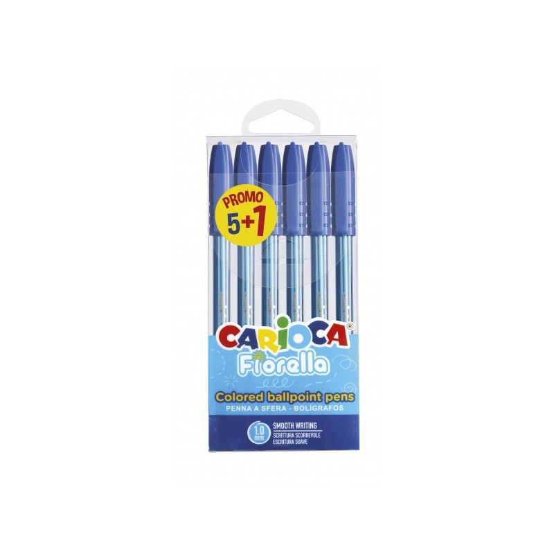 Carioca Fiorella Confezione 5+1 penne a sfera Ø 1mm - Corpo trasparente - Scrittura brillante e colorata - Colore blu