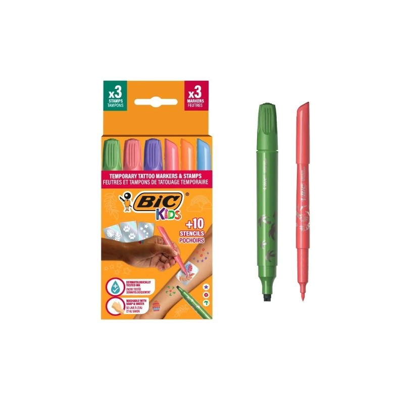 Bic Kids Tatuaggi Temporanei Confezione da 3 timbri + 3 pennarelli + 10 stencil - Inchiostro dermatologicamente testato 