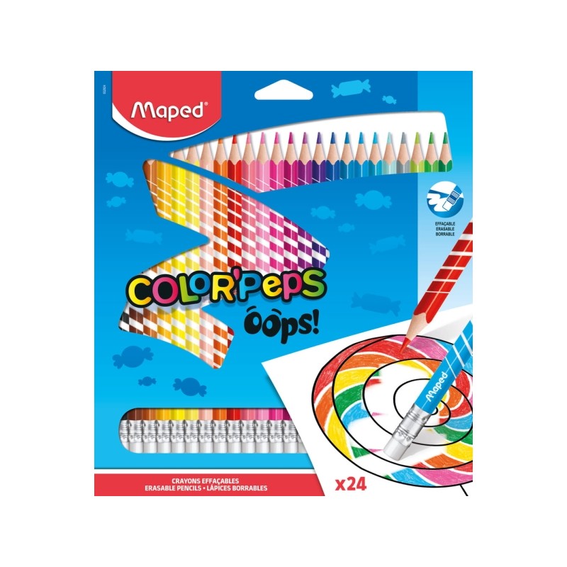 Maped Color'Peps Oops Confezione da 24 matite colorate cancellabili - mina 2.9 mm - con gomma - senza legno - colori ass