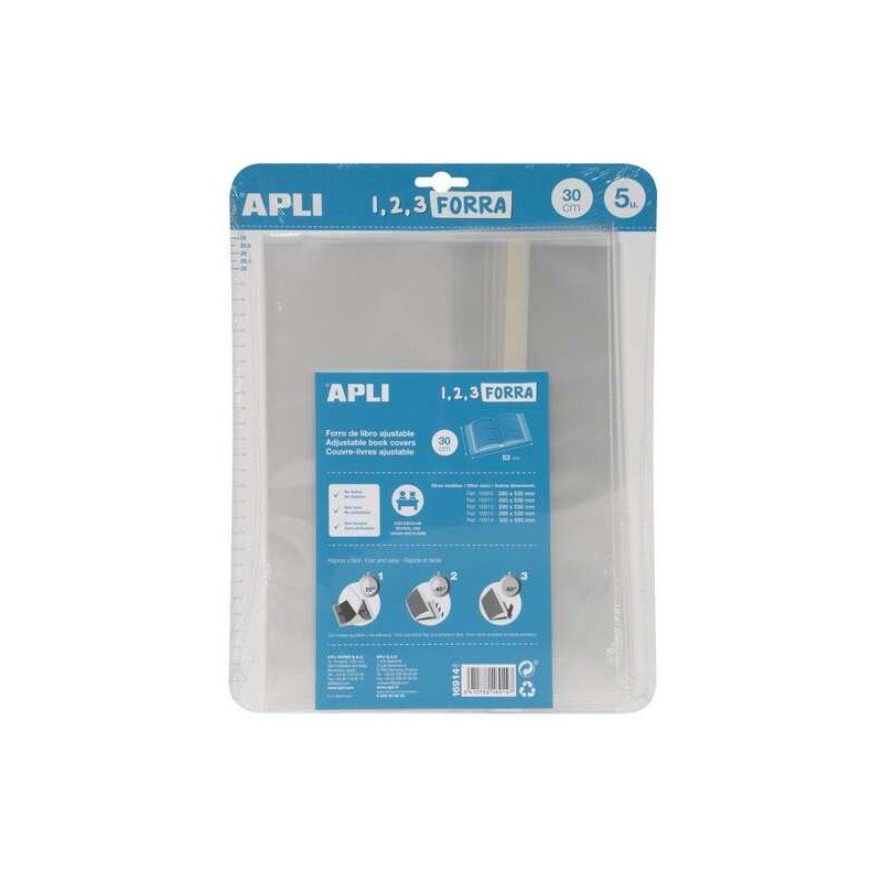 Apli Confezione da 5 copertine per libri da 300 mm in polipropilene da 75 micron - Lembo autoregolabile - Facile rivesti