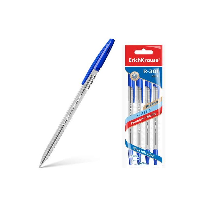 Erichkrause Confezione da 4 penne a sfera R-301 Classic Stick 1.0 - Fusto esagonale trasparente - Punta da 1.0 mm - Inch