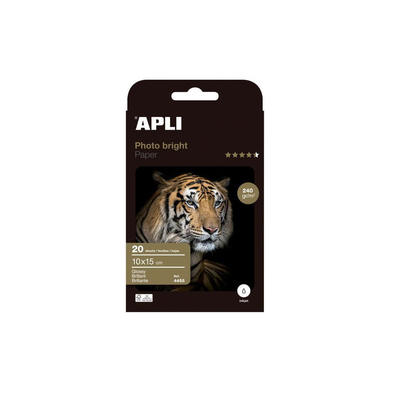 Apli Photobright Confezione da 20 fogli di carta fotografica 10x15cm 240g/m² - Finitura lucida - Adatta per stampanti a