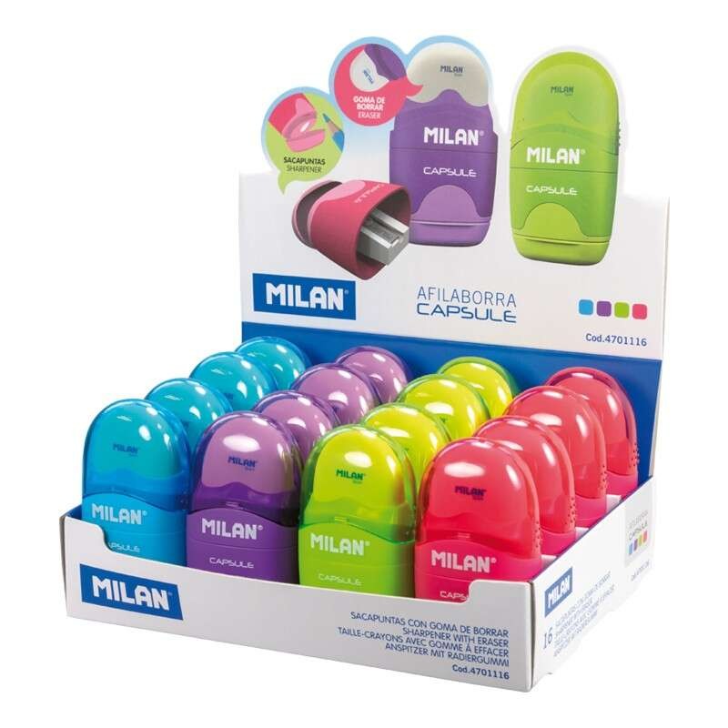 Espositore a capsula Milano da 16 affilatori - Lama d'acciaio - Gommino - Lama di sicurezza - Colori assortiti