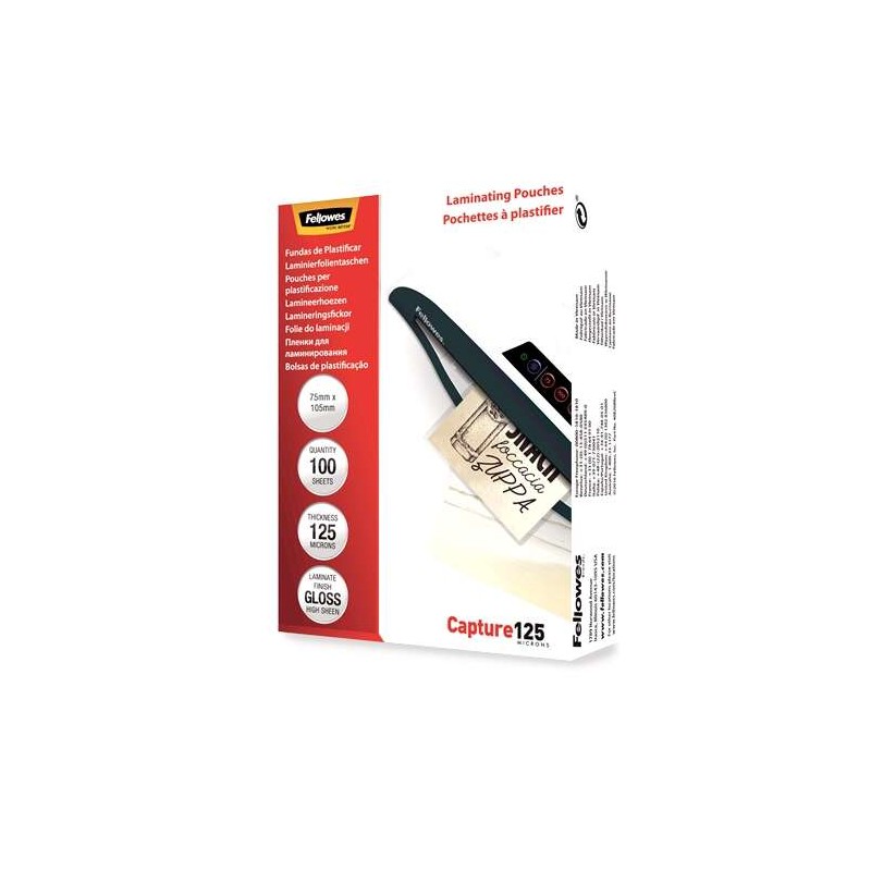 Fellowes Confezione da 100 maniche di laminazione lucide per cartoncini 75 x 105 mm - 125 micron - Alta qualità - Trasp