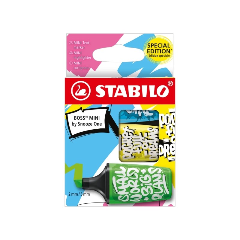 Stabilo Boss Mini by Snooze Confezione da 3 mini pennarelli fluorescenti - linea da 2 a 5 mm - inchiostro a base d'acqua