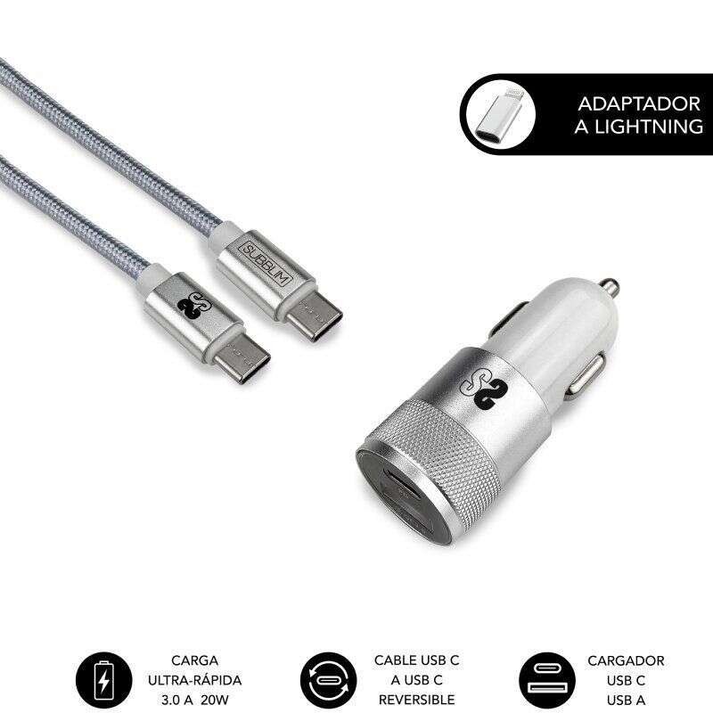 Subblim Caricatore da auto doppio PD20W+QC3.0+cavo da C a C/Lightning - 20W - Ricarica rapida simultanea - Cavo USB C re