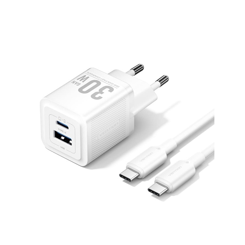 Vention Caricatore da parete GaN USB-C 30W - Cavo USB-C 1m - Bianco