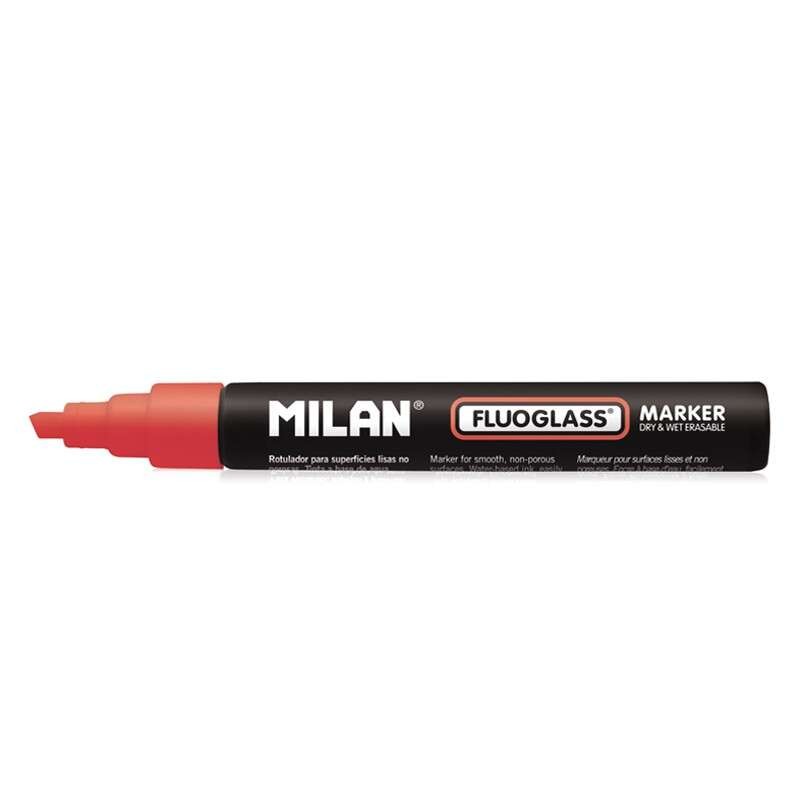 Marcatore Milan Fluoglass per superfici lisce - Punta smussata - Linea da 2 a 4 mm - Inchiostro a base d'acqua - Gomma f