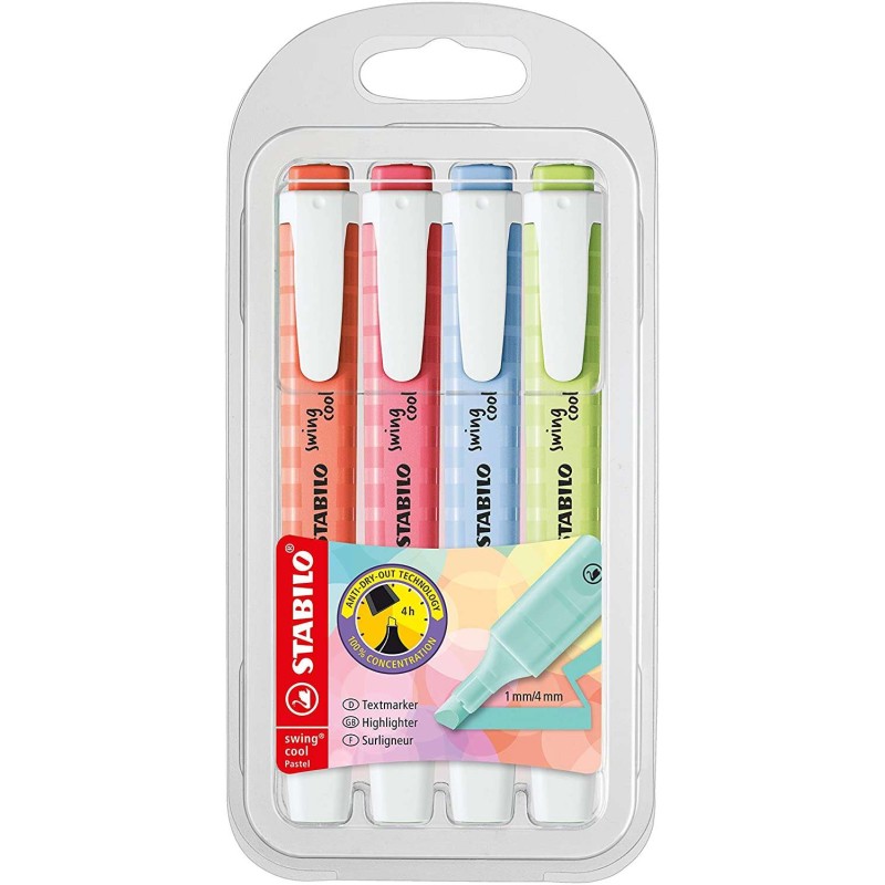 Stabilo Swing Cool Pastel confezione da 4 pennarelli fluorescenti - Corpo piatto - Punta smussata - Linea da 1 a 4 mm - 