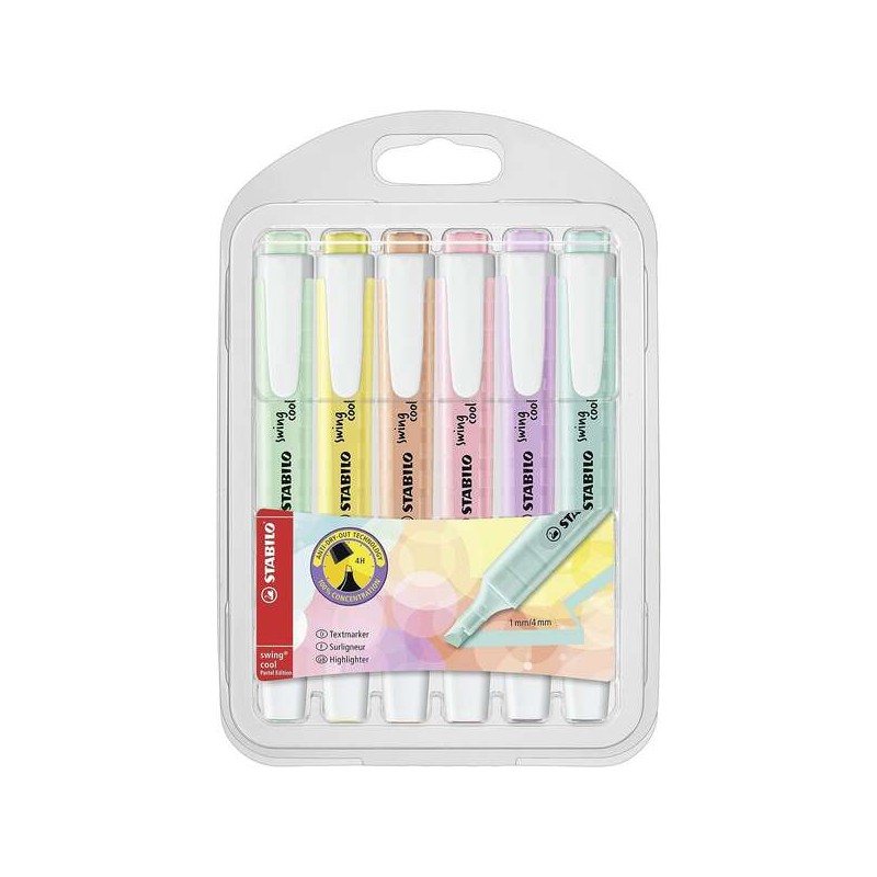 Stabilo Swing Cool Pastel confezione da 6 - Corpo piatto - Punta smussata - Linea da 1 a 4 mm - Inchiostro a base d'acqu