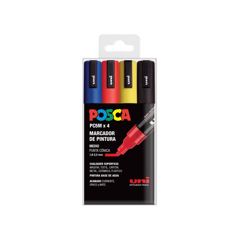 Posca PC-5M Confezione da 4 pennarelli - Punta a proiettile 1.8-2.5 mm - Inchiostro a base d'acqua - Non permanente - Re