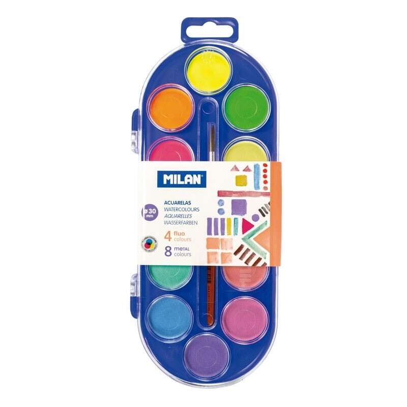 Milano Set di 12 acquerelli Ø30 mm + pennello Serie 101 - Miscelabili - Colori fluorescenti e metallici