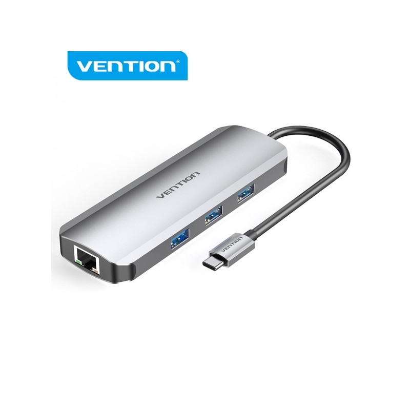 Vention Docking Station 8 in 1 da USB-C a HDMI 4K/3xUSB 3.0/lettore SD/MicroSD/RJ45/PD 100W - 0.15 m - Colore grigio