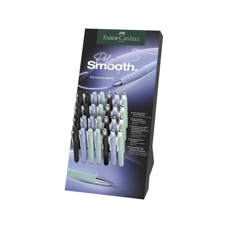 Espositore Faber-Castell Poly con 12 penne a sfera Poly e 16 penne stilografiche Poly - Clip in metallo - Colori assorti