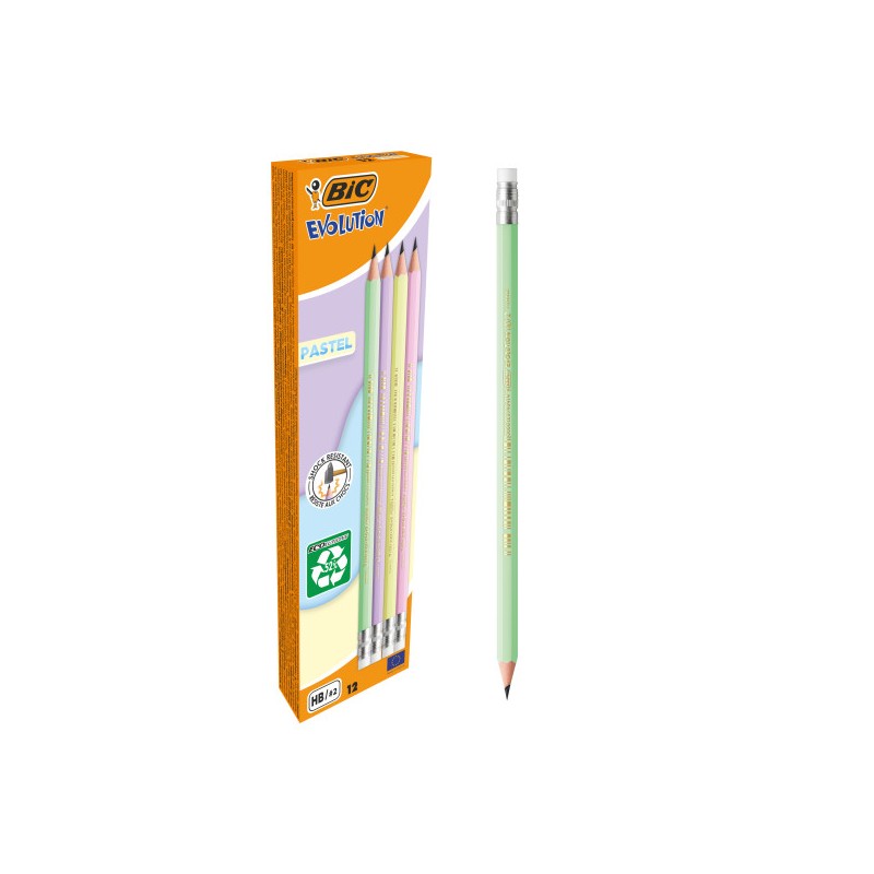 Bic Evolution Pastel Matita esagonale di grafite con gomma - Mina HB ultra forte - Senza legno - Non si scheggia - Color