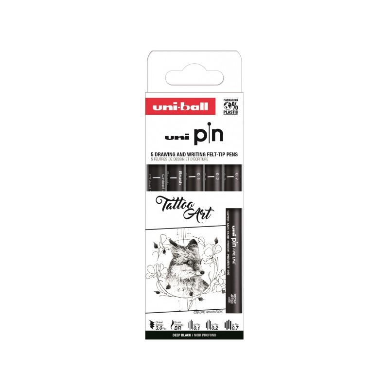 Uni-ball Uni Pin Tattoo Art Confezione da 5 penne calibrate 0.1. 0.2. 0.7. 1.0. pennello e scalpello 3.0 - Punta in poli