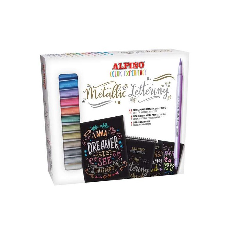 Alpino Color Experience Lettering Starter Kit con 12 marcatori metallici a doppia punta. punta fine e punta a pennello +