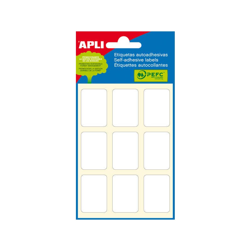 Mini sacchetto Apli da 54 etichette rettangolari 22x32 mm - 6 fogli per 9 etichette - Adesivo permanente - Bordi smussat